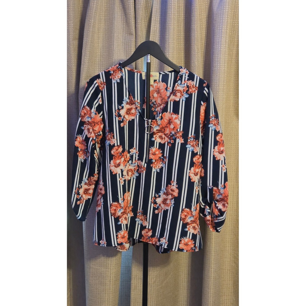 Wishful Park Striped Floral Print Quarter Zip Blouse Women's Size L Multicolor